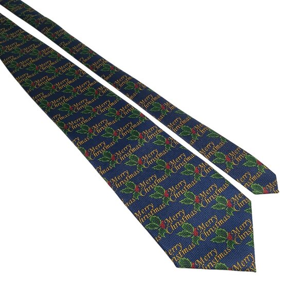 Vintage Merry Christmas Holiday Tie Festive Holly Pattern Party Dad Gift - Picture 1 of 5